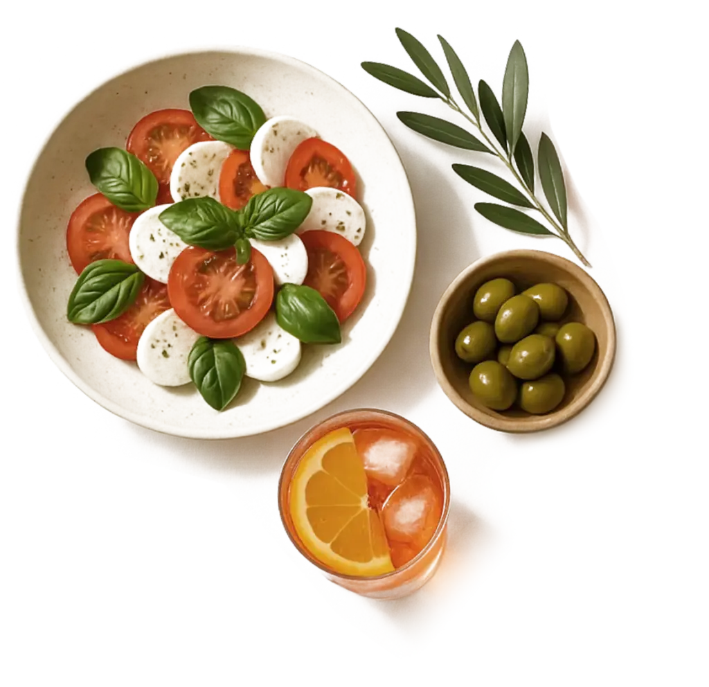 Tomate-Mozzarella, Oliven und Aperol Spritz