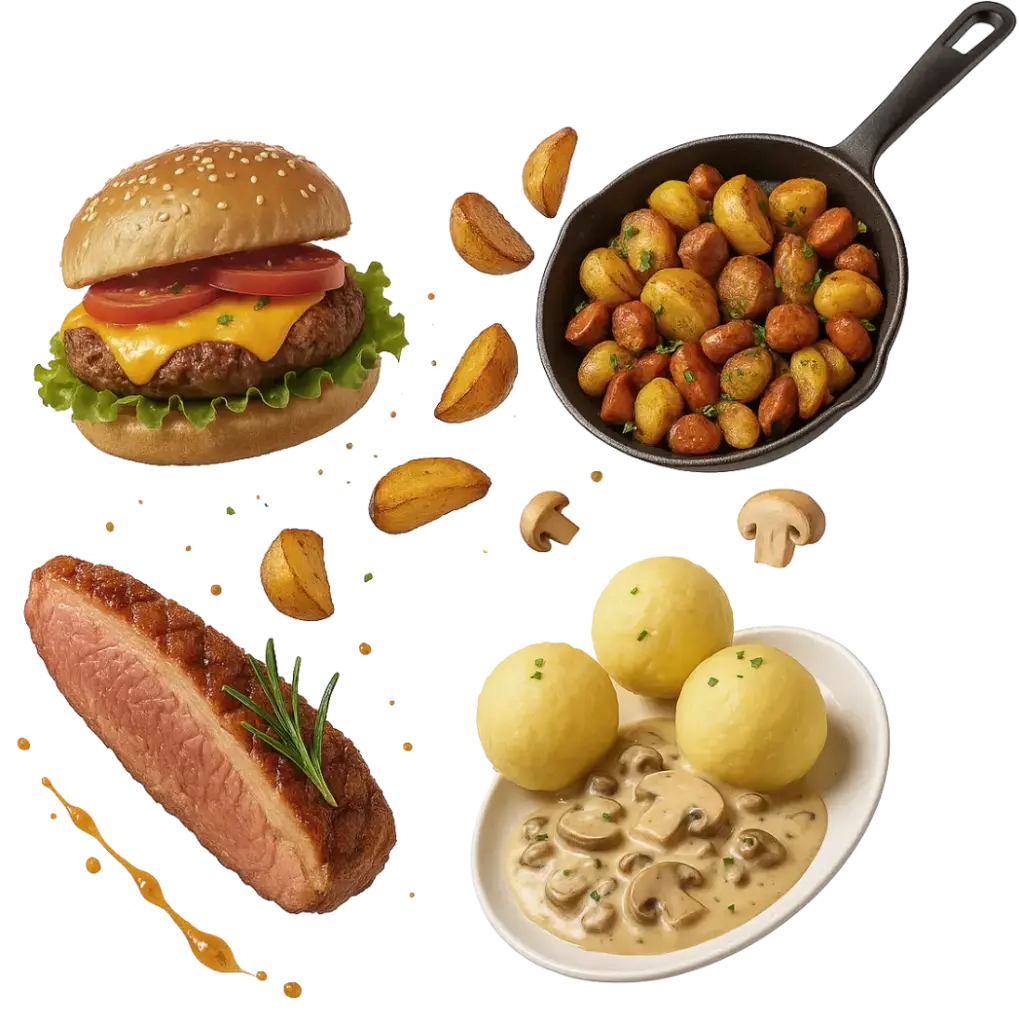 Bratkartoffeln, Burger, Klöße und Steak
